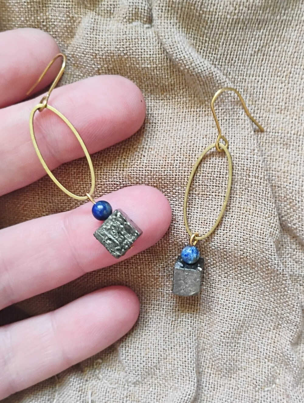 Pyrite Cube and Lapis Lazuli Earrings - Picture 2 of 5